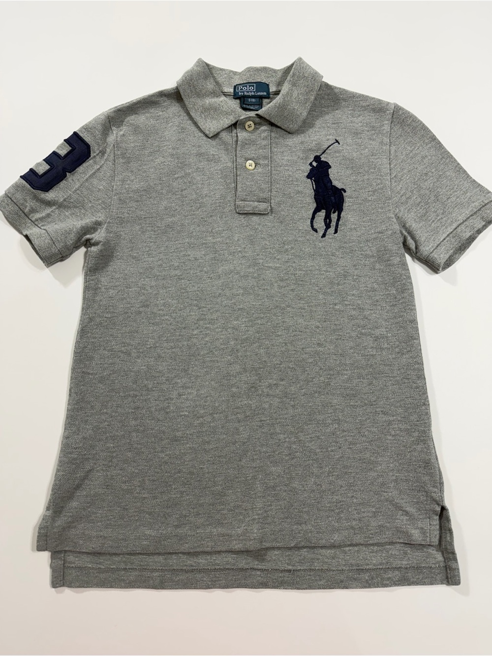 Polo Ralph Lauren Boys Gray Big Pony Logo Polo Shirt Size S 8 Short Sleeve Patch